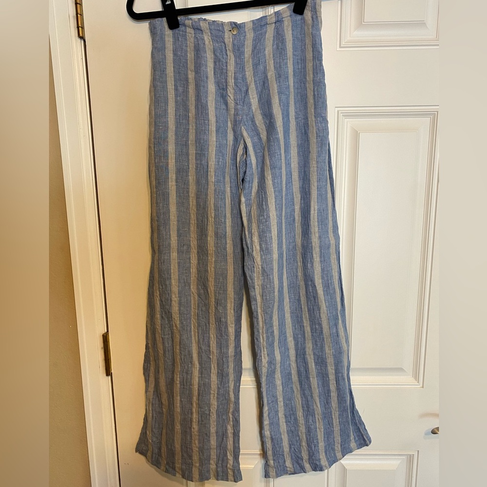 Vanity Made in Italy Blue and Gray Striped Linen Pants